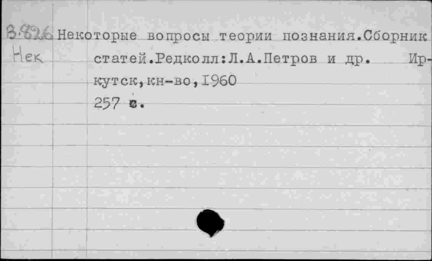 ﻿Нек	Некоторые вопросы теории познания.Сборник статей.Редколл: Л.А.Петров и др.	Ир- кутск, кн-во,1960 257 с.	
		
		
		
		
		
		